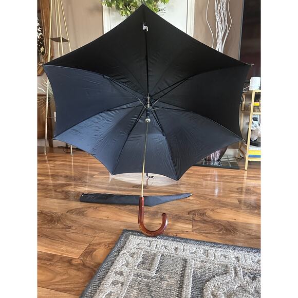 Black Vintage Schertz Umbrella Wood Handle Parasol Metal Tip Case - Picture 1 of 15